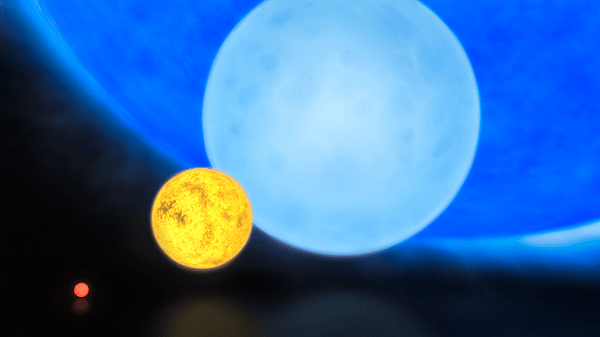 Comparison of the sizes of a red dwarf, the Sun, a B-type main sequence star, and R136a1